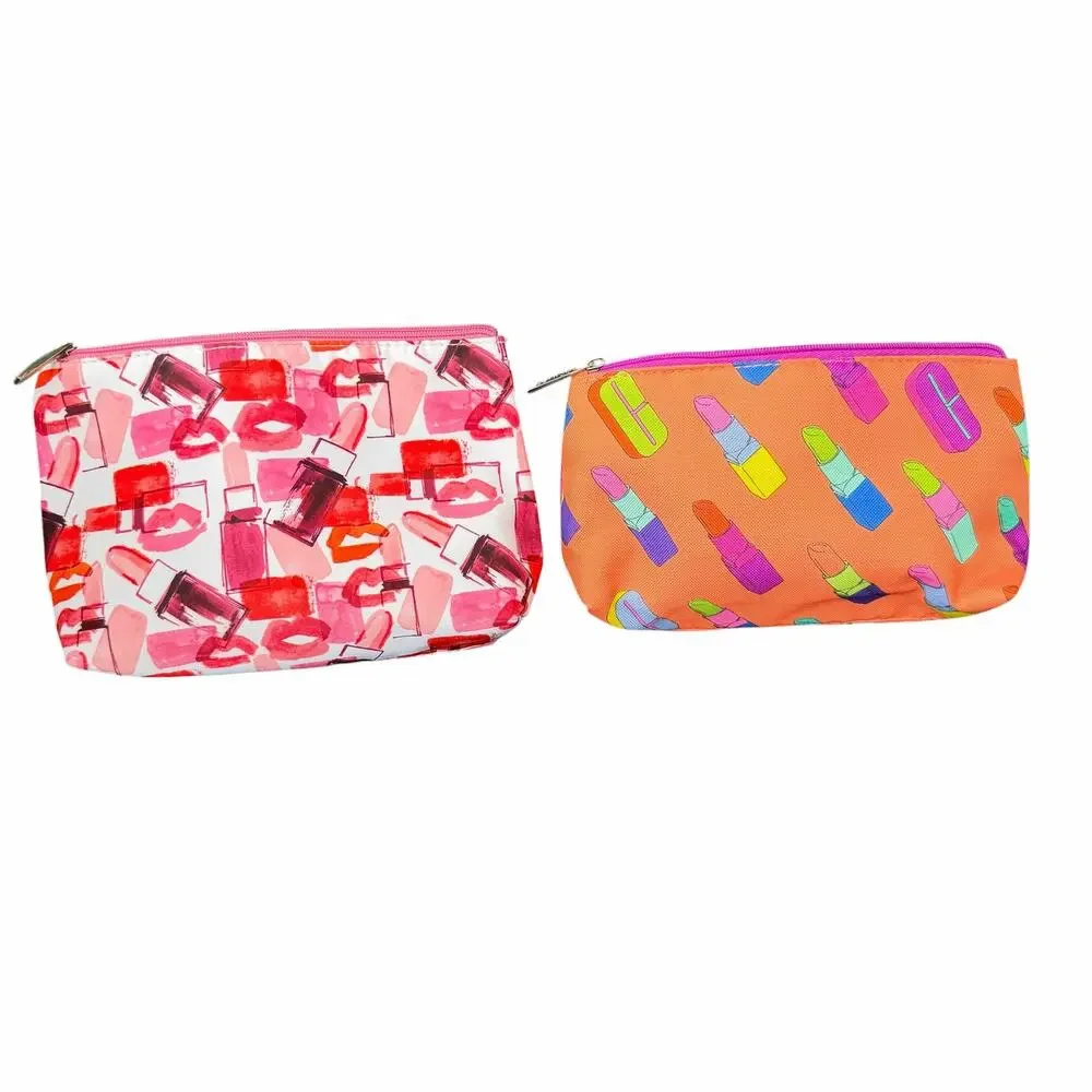 Clinique Cosmetic Bag Lipstick Print Makeup Travel Bag Lot of 2 Fabric Vtg?NOS